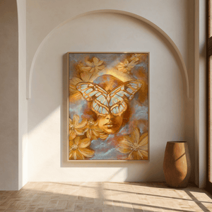 A portrait of a woman with a butterfly across her face. Tones of orange and light blue with floral elements.