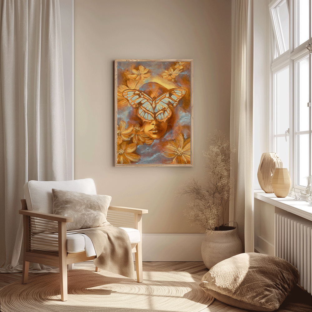 A portrait of a woman with a butterfly across her face. Tones of orange and light blue with floral elements.