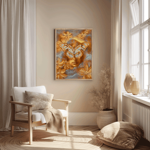 A portrait of a woman with a butterfly across her face. Tones of orange and light blue with floral elements.